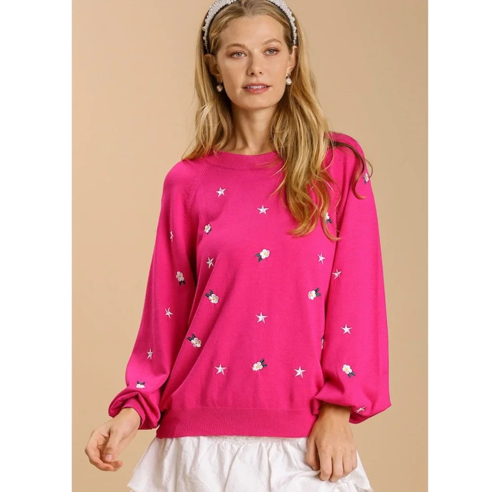 Umgee Hot Pink Embroidered Star & Flower Crewneck Sweater - Picture 1 of 7